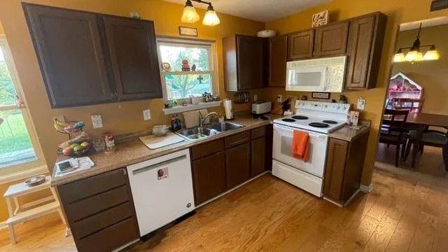 Small kitchen with dark cabinets, white appliances, wood floor, and a bright window over the sink.