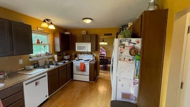Compact kitchen with dark cabinets, white appliances, wood floor, and a refrigerator covered in notes and magnets