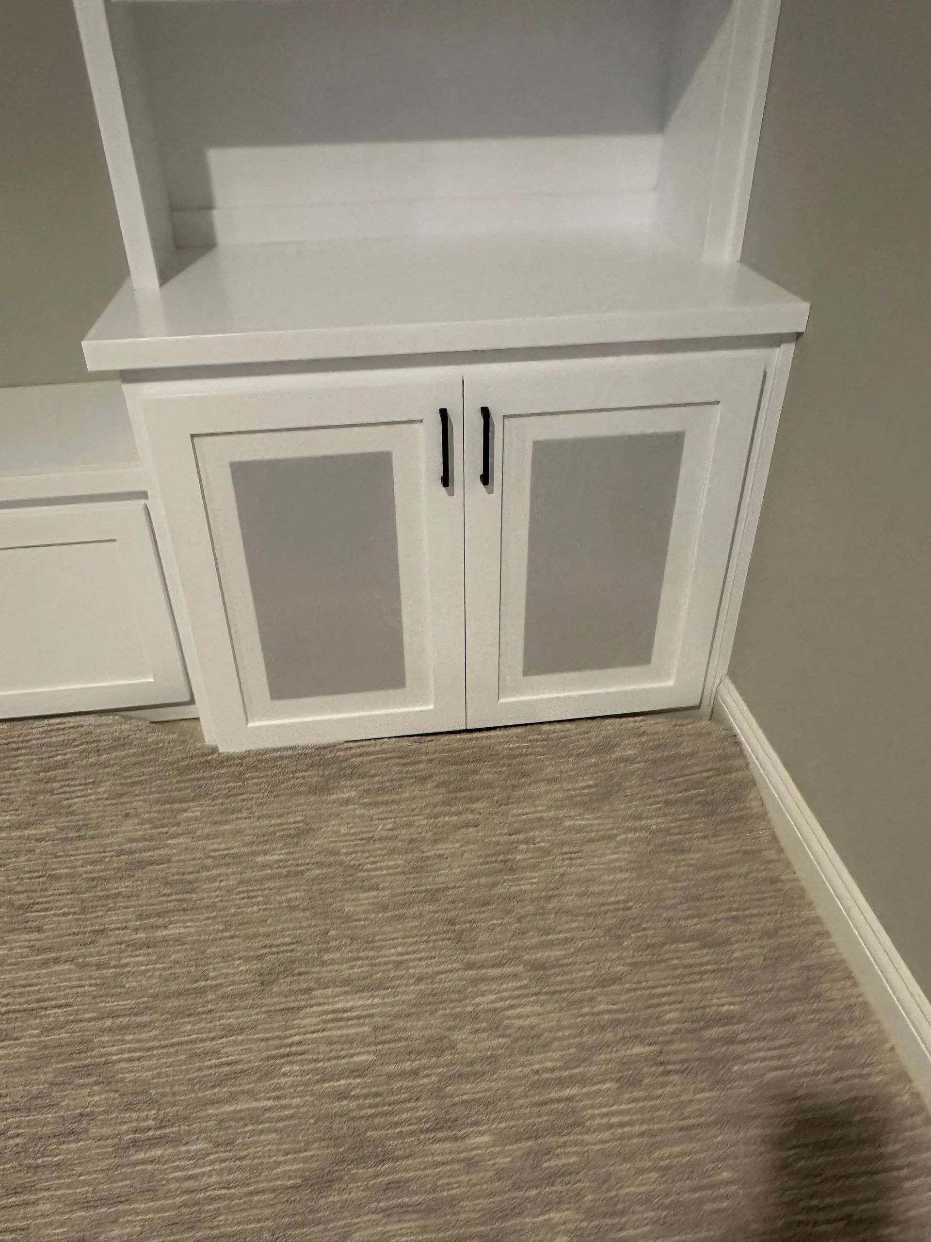 White built-in cabinet with mesh-front doors and black handles in a carpeted corner room.