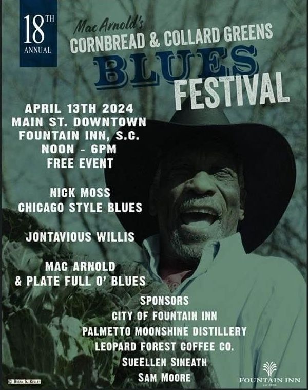 A poster for the 18th annual mac arnold 's cornbread & collard greens blues festival