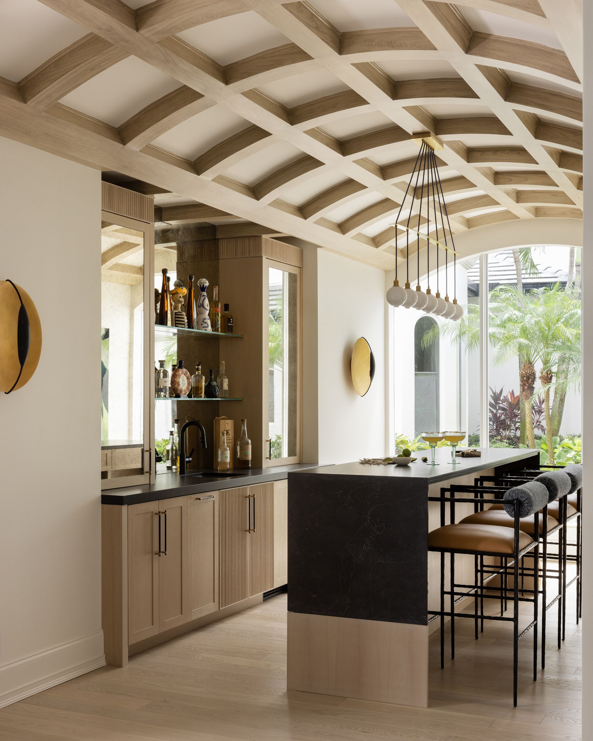 A kitchen with a ceiling that has a grid pattern