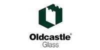 The oldcastle glass logo is green and black and looks like a castle.