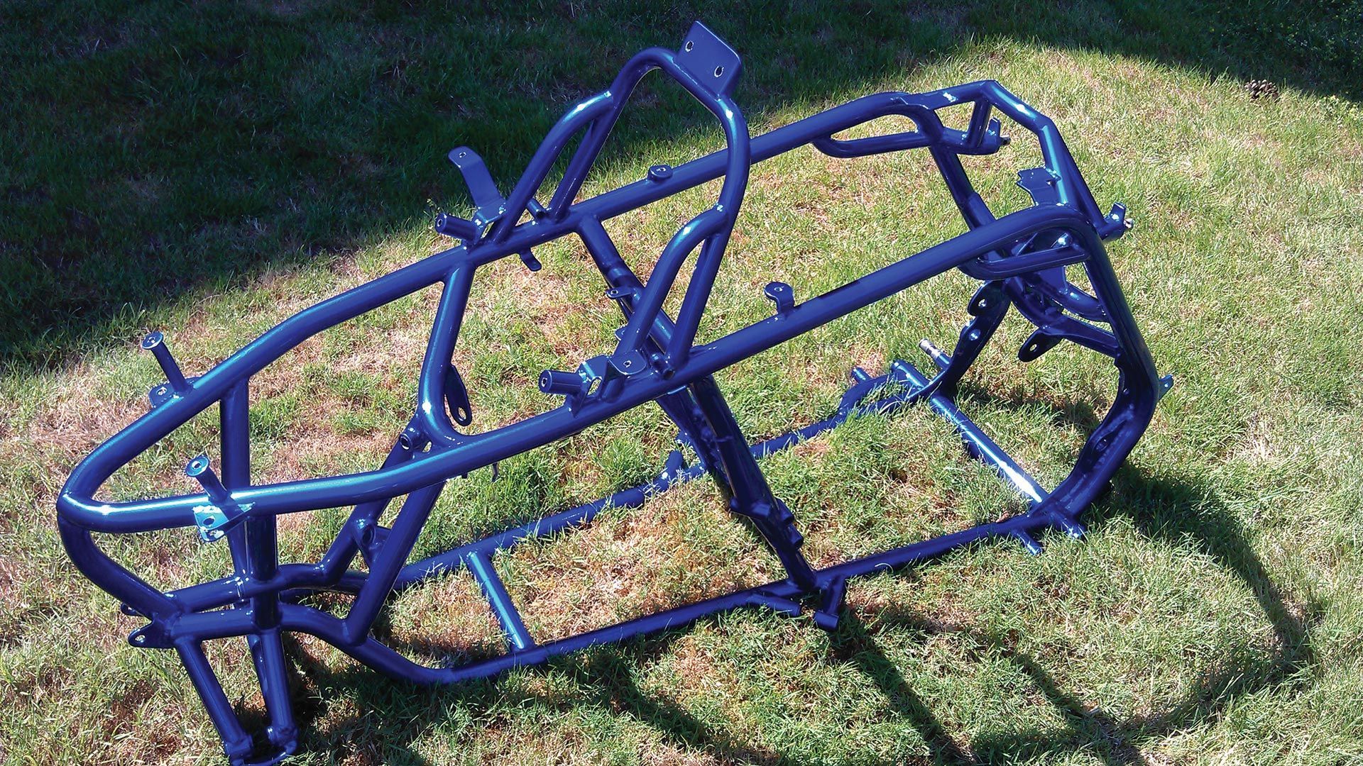 Blue metal buggy frame on green grass.