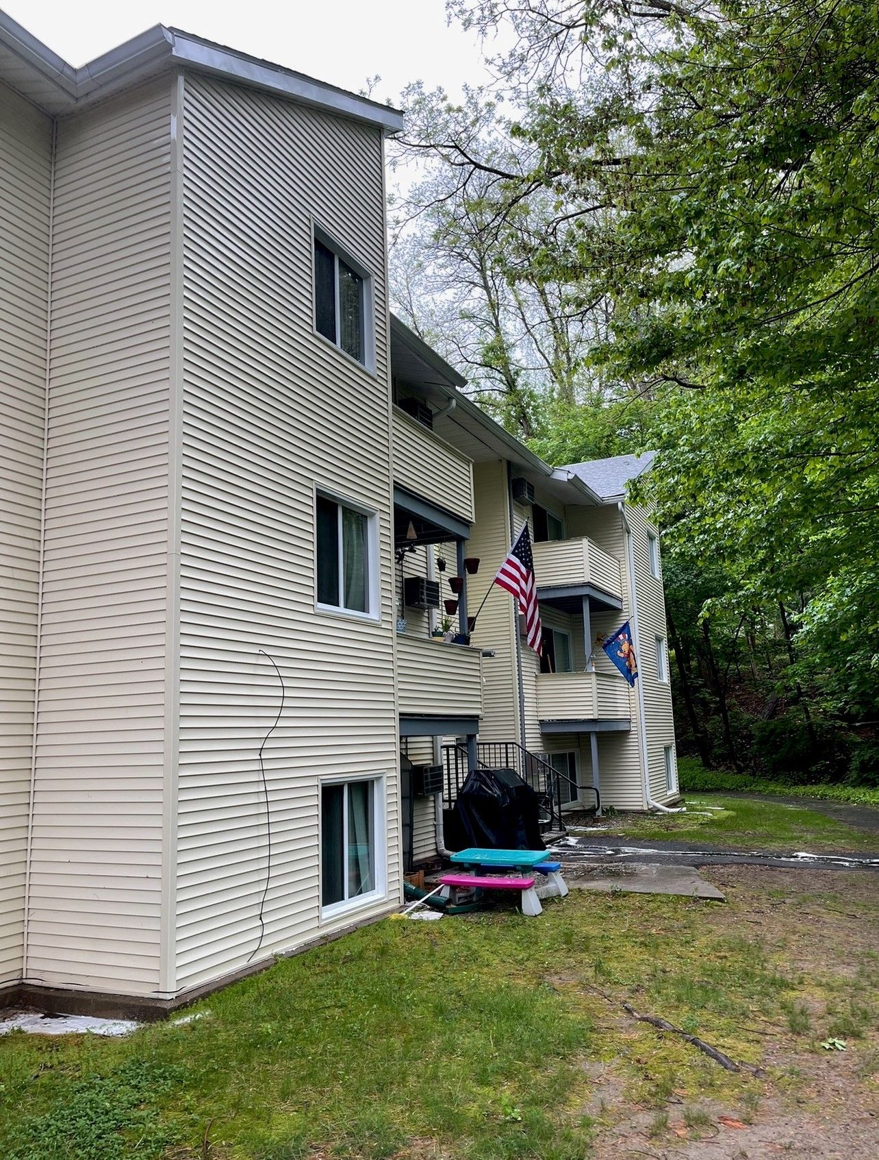 Apartment building exterior with siding and balconies. American flag and greenery visible.