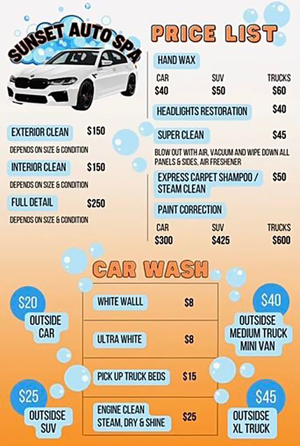 Sunset Auto Spa Price List