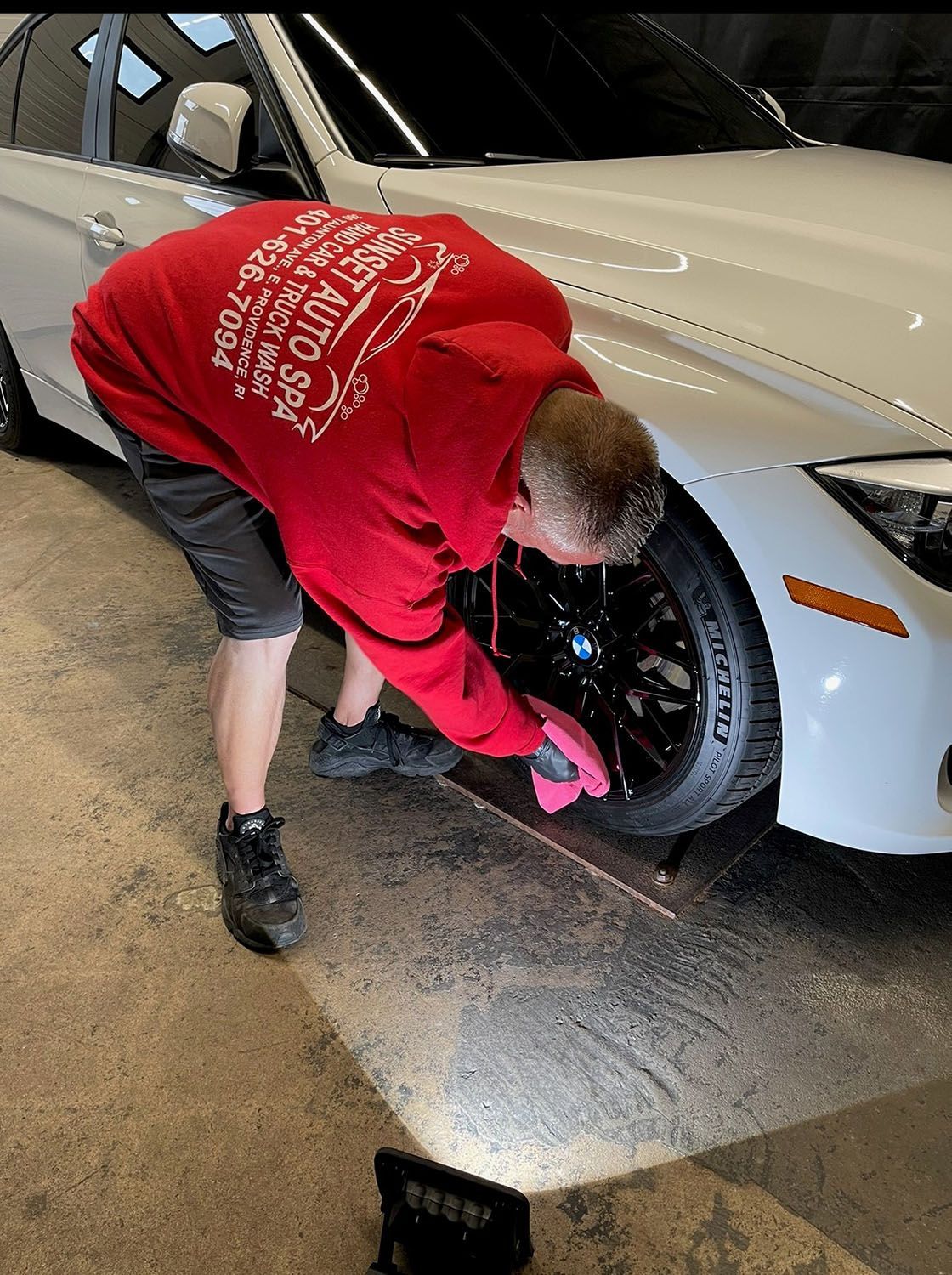 Tire rims being cleaned