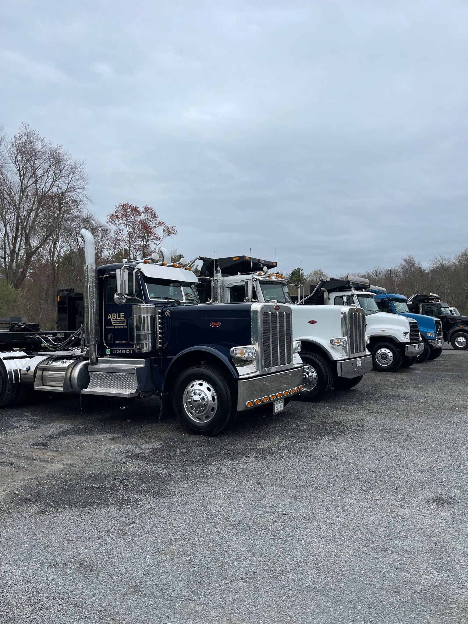 Line of parked semi-trucks, varying colors, parked on gravel in front of trees under a cloudy sky.