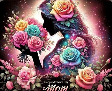 Woman with blond hair smiles, holding face with hands, flower in hair, blurred background.