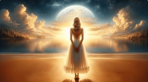 Silhouetted figure in a white dress stands on a beach before a glowing full moon and reflected golden sky