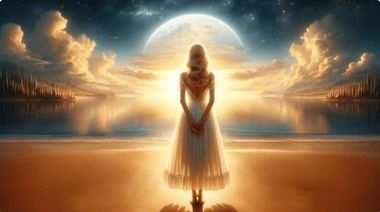 Silhouetted figure in a white dress stands on a beach before a glowing full moon and reflected golden sky