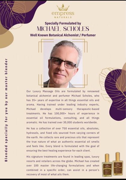 Advertisement for Empress Naturals, features Michael Scholes, a botanist, and their massage oils.