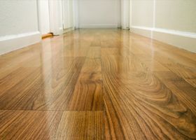 Polished wooden hallway floor with white walls and baseboards, viewed at floor level