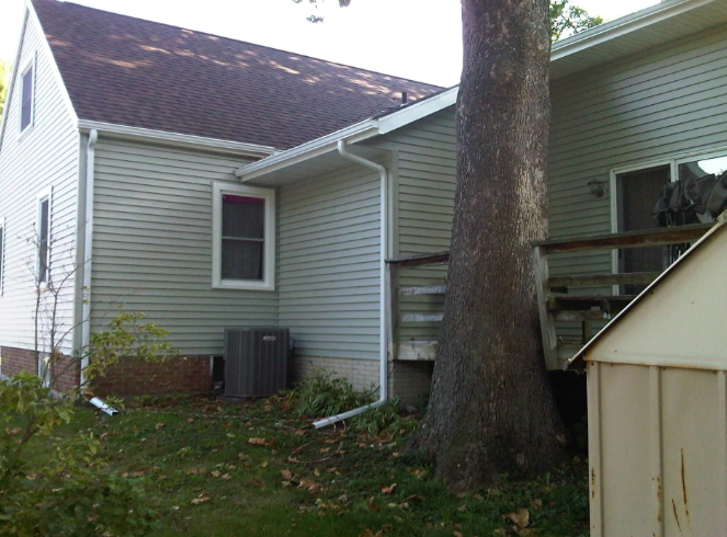 Side of a light gray house with a large tree and a small shed in the yard.