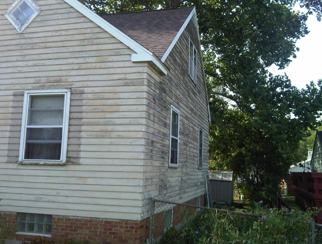 Small beige house with white-trim windows, brick foundation, and overgrown yard beneath trees.