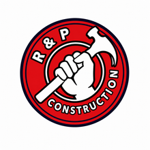 R & P Construction logo with a hammer and yellow brush-stroke graphic on a black banner