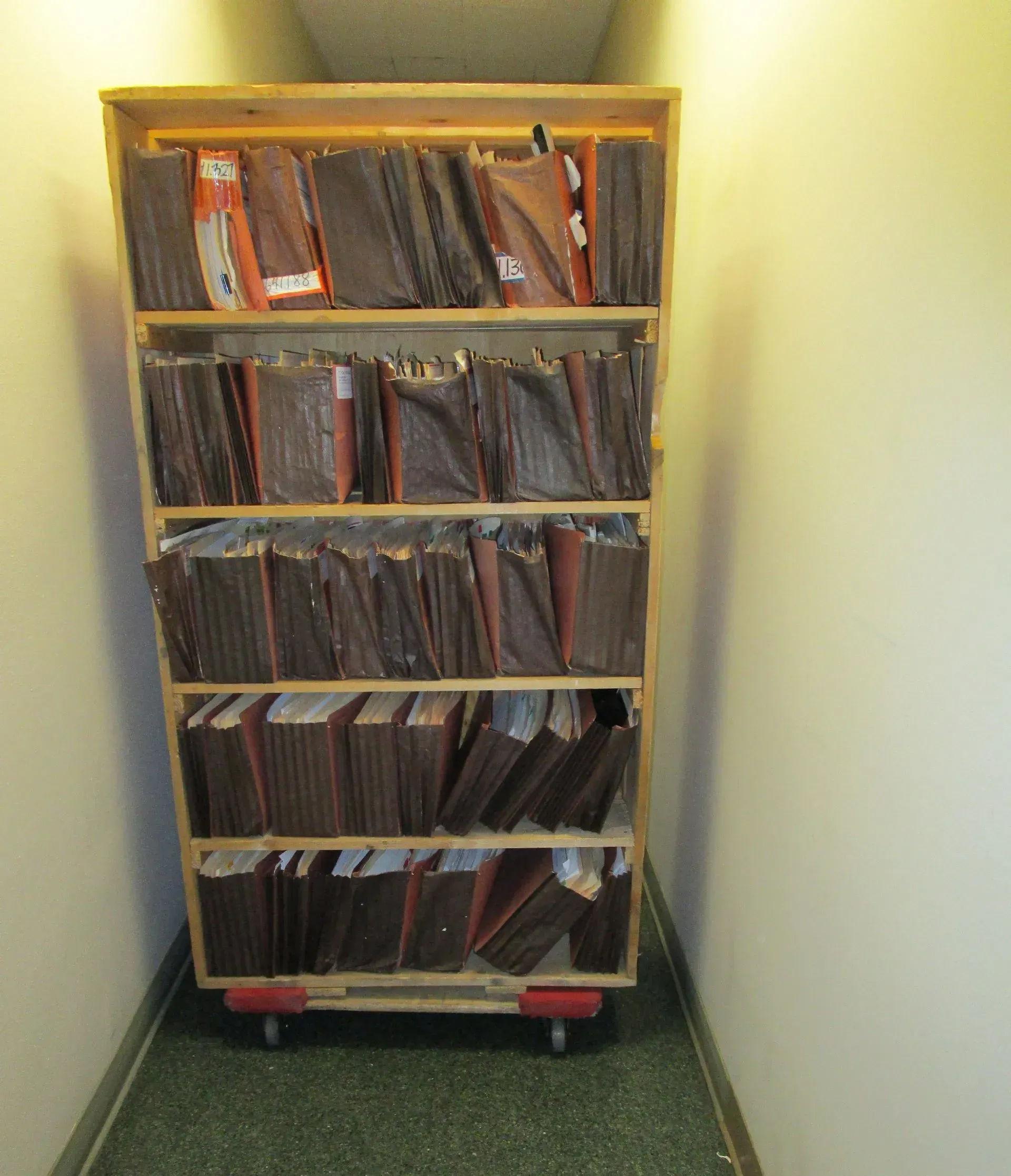 Tall wooden shelf filled with vinyl records in a narrow hallway on a rolling cart