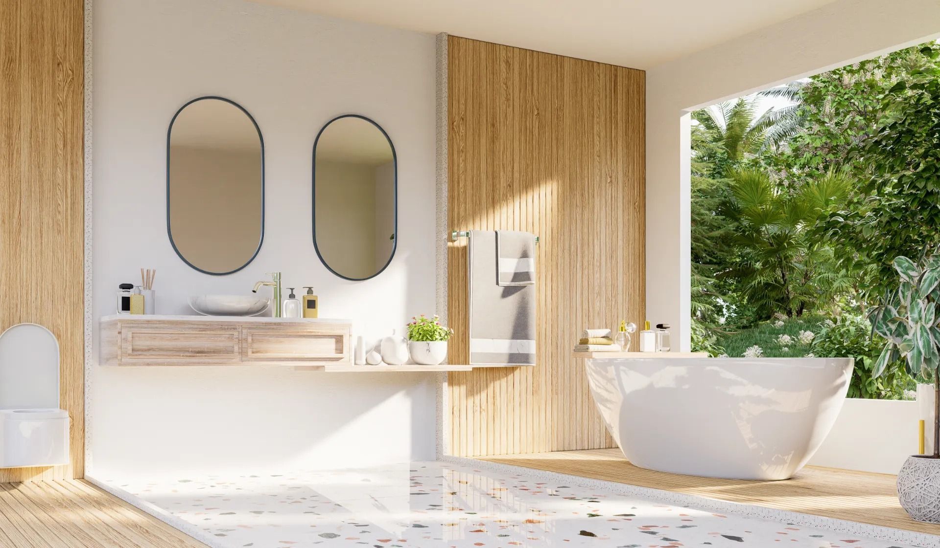 Modern bathroom with wood paneling, oval mirrors, and a freestanding tub overlooking greenery.
