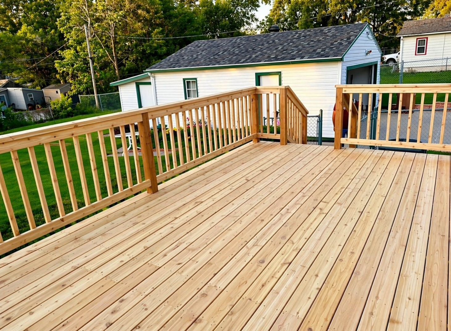 Wooden backyard deck with railings beside a small white shed, surrounded by trees and grass.