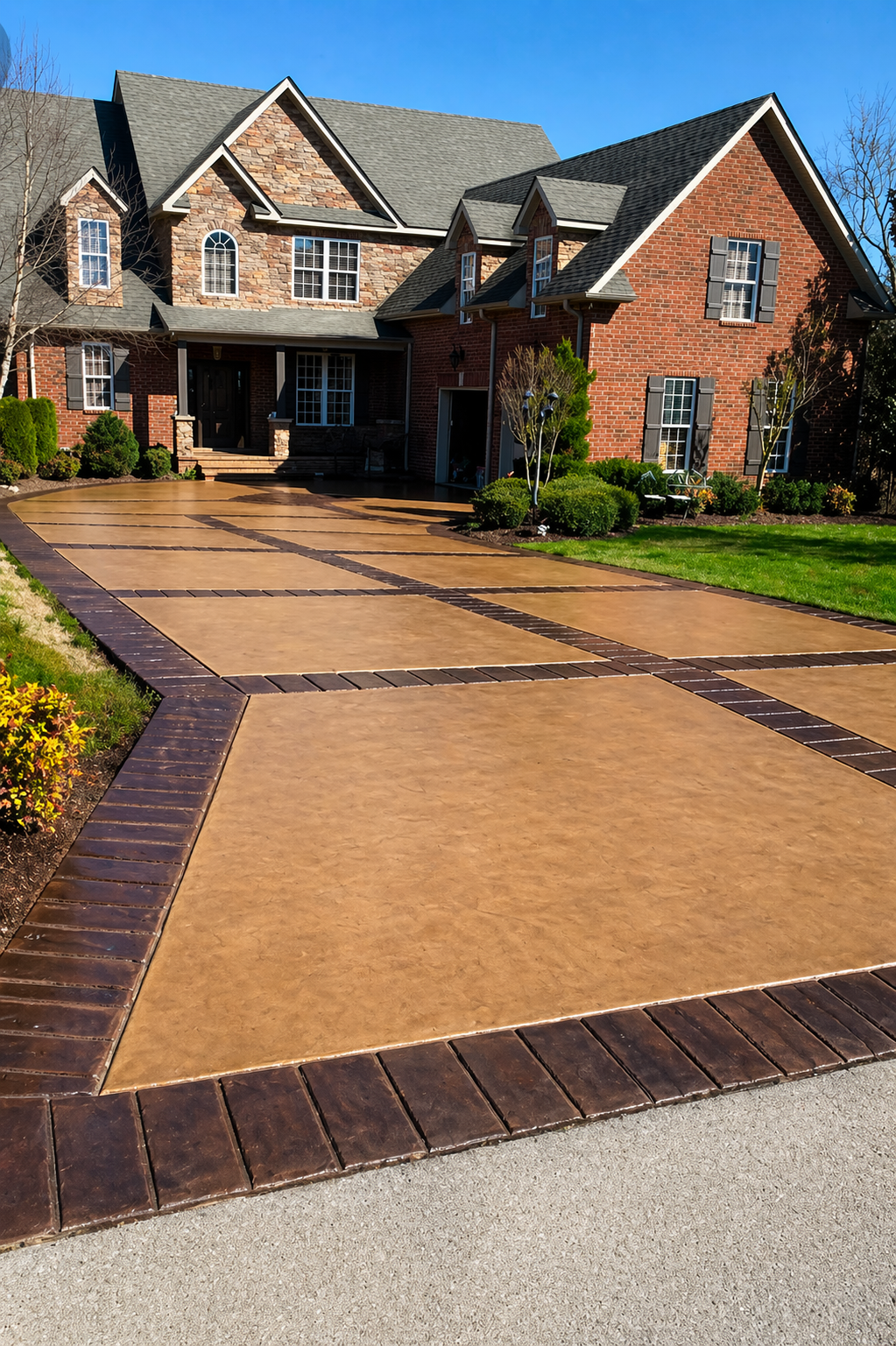 Brick house with a long tan driveway and dark brick borders leading to the front entrance