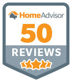 A home advisor 50 reviews badge with three stars on it.