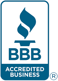 A blue and white bbb accredited business logo