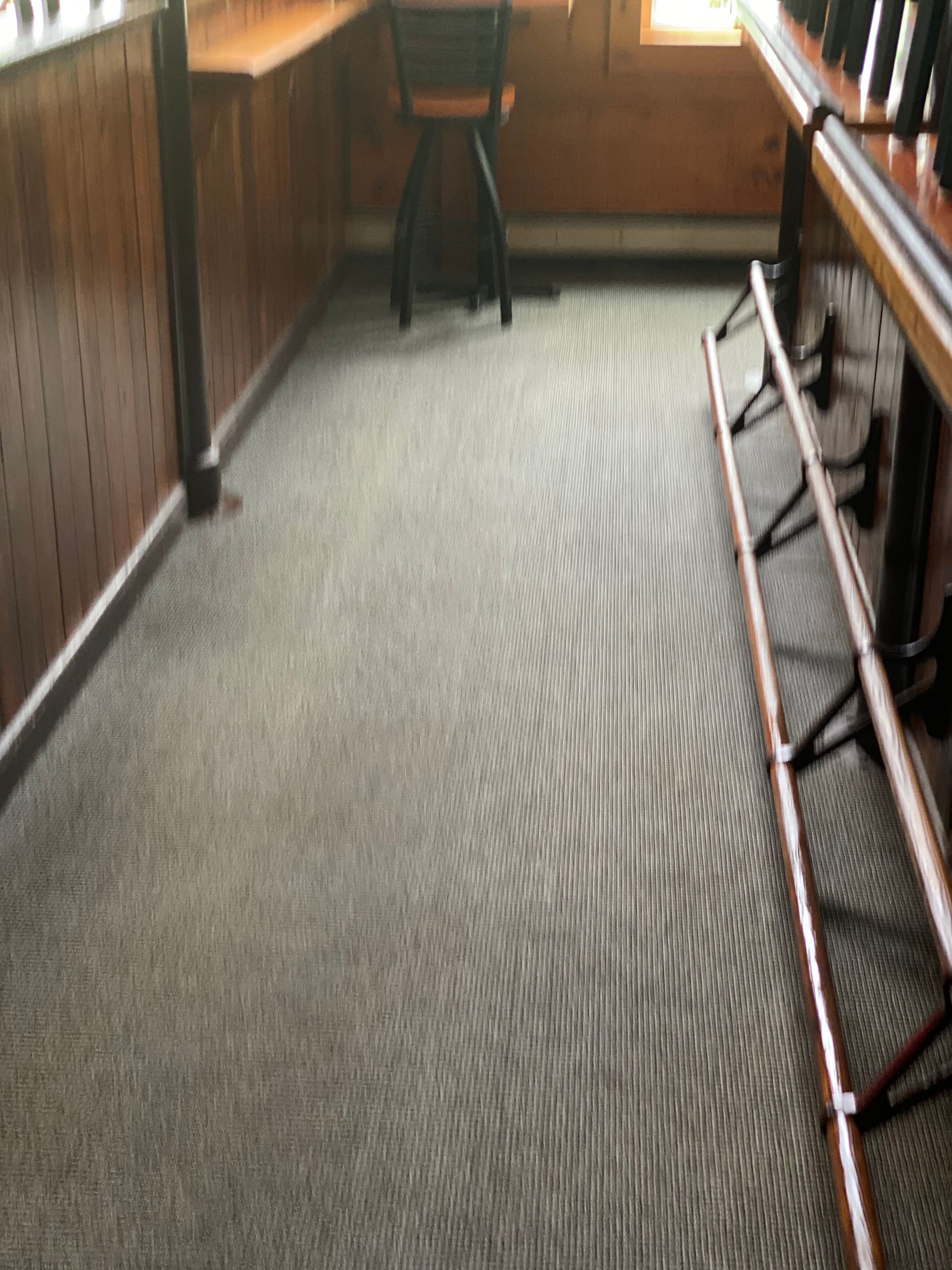 A room with a carpeted floor and wooden walls