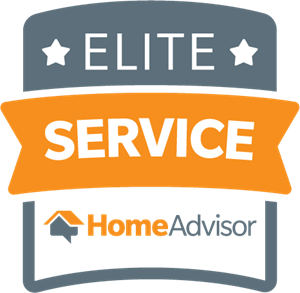 An elite service home advisor logo with an orange ribbon