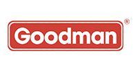 Goodman logo in white text on a rounded rectangle of red with a white outline.