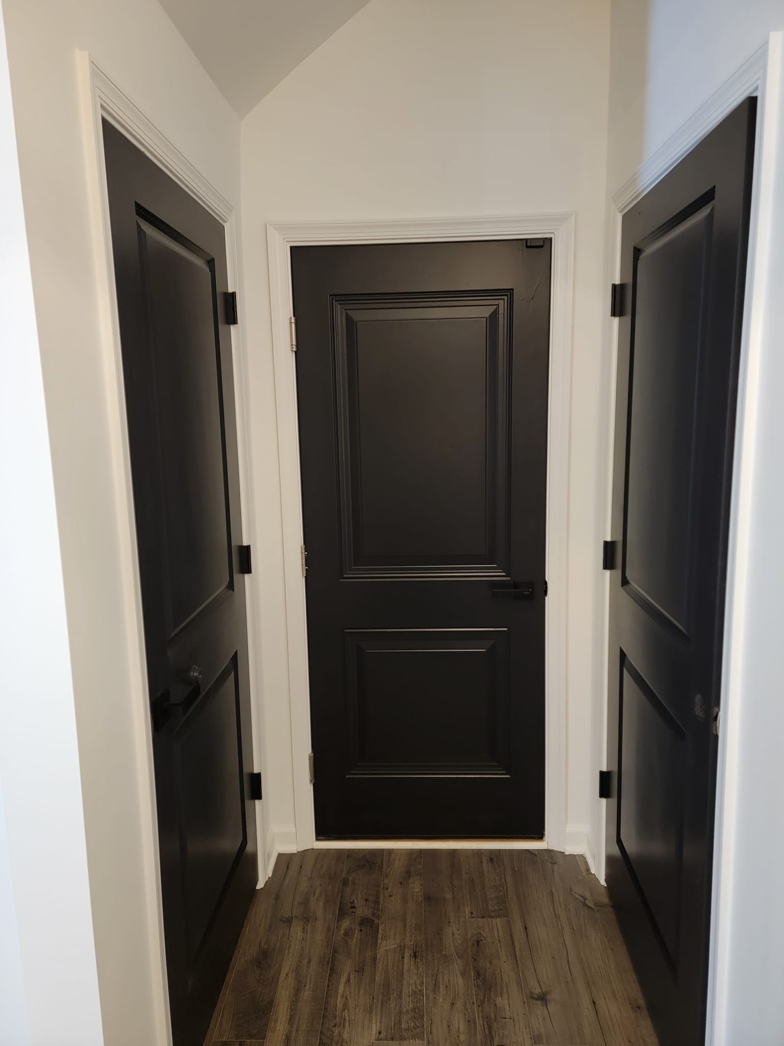 A hallway with black doors and white trim