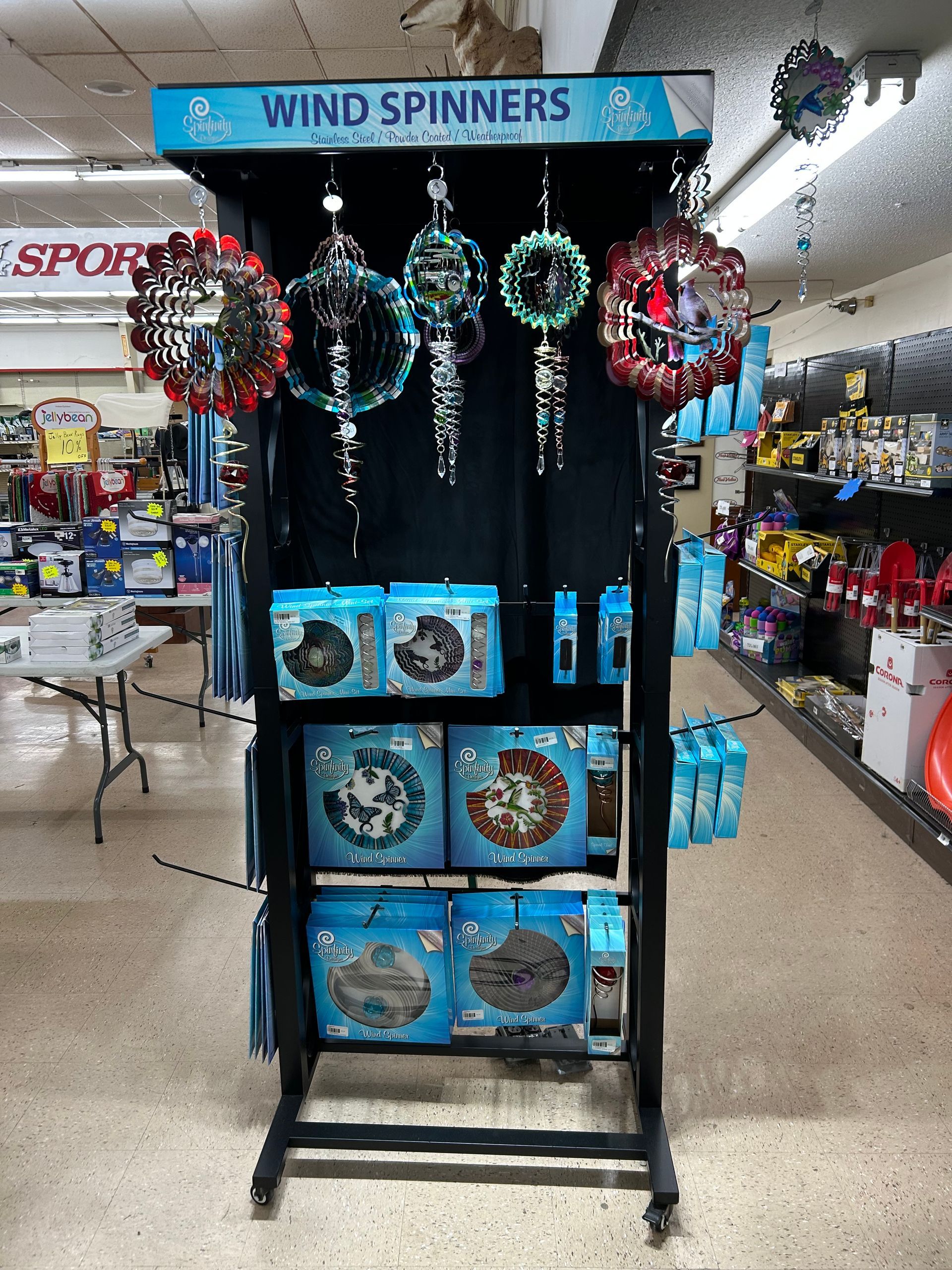 A display of wind spinners in a store