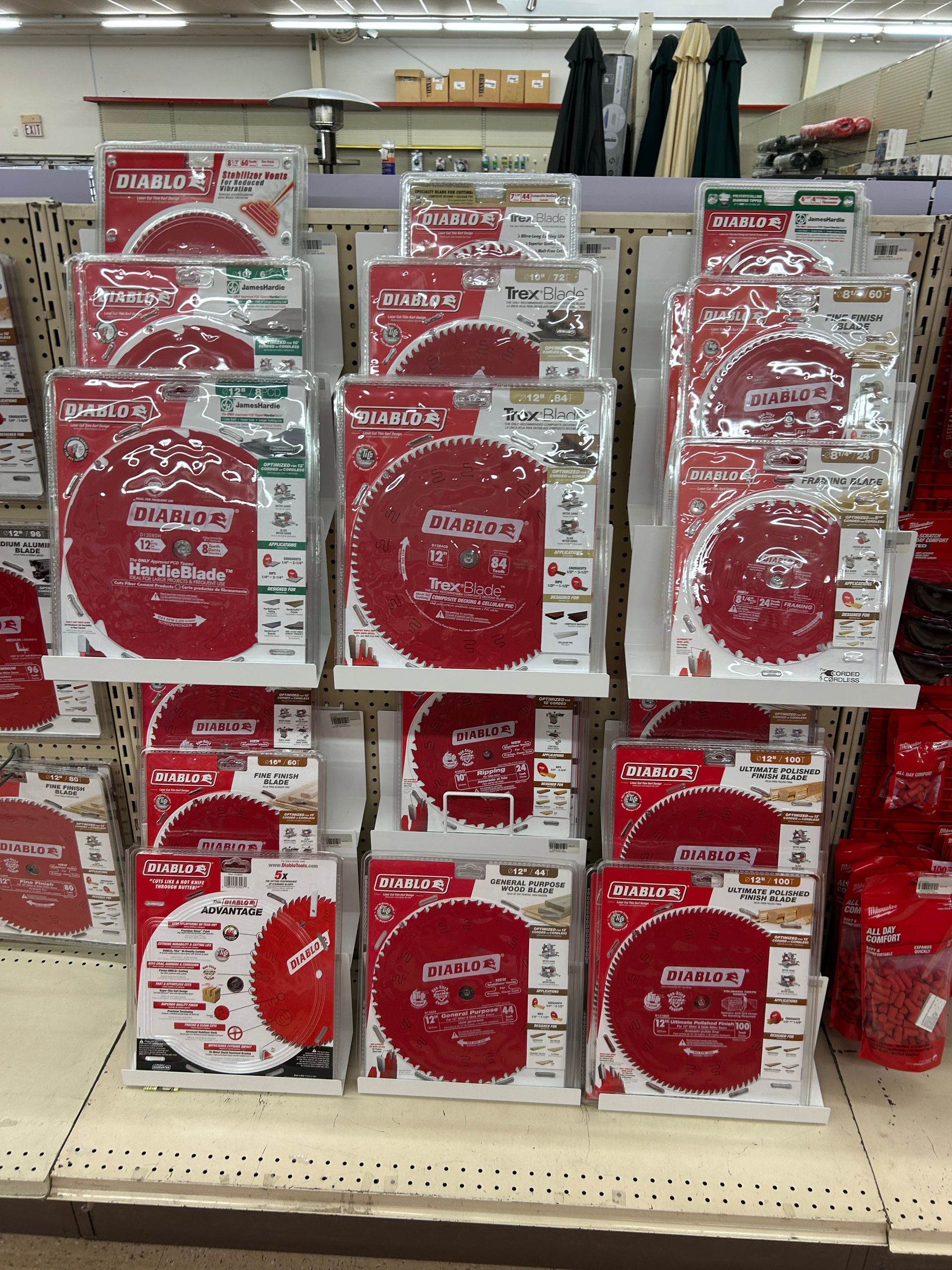 A display of circular saw blades in a store.