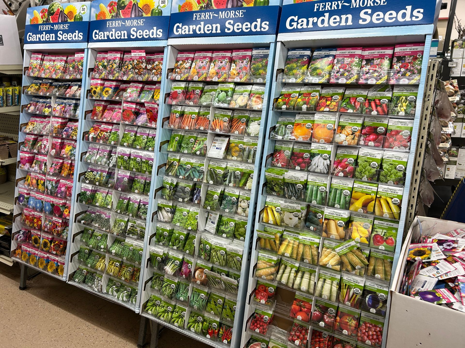 A display of garden seeds in a store.