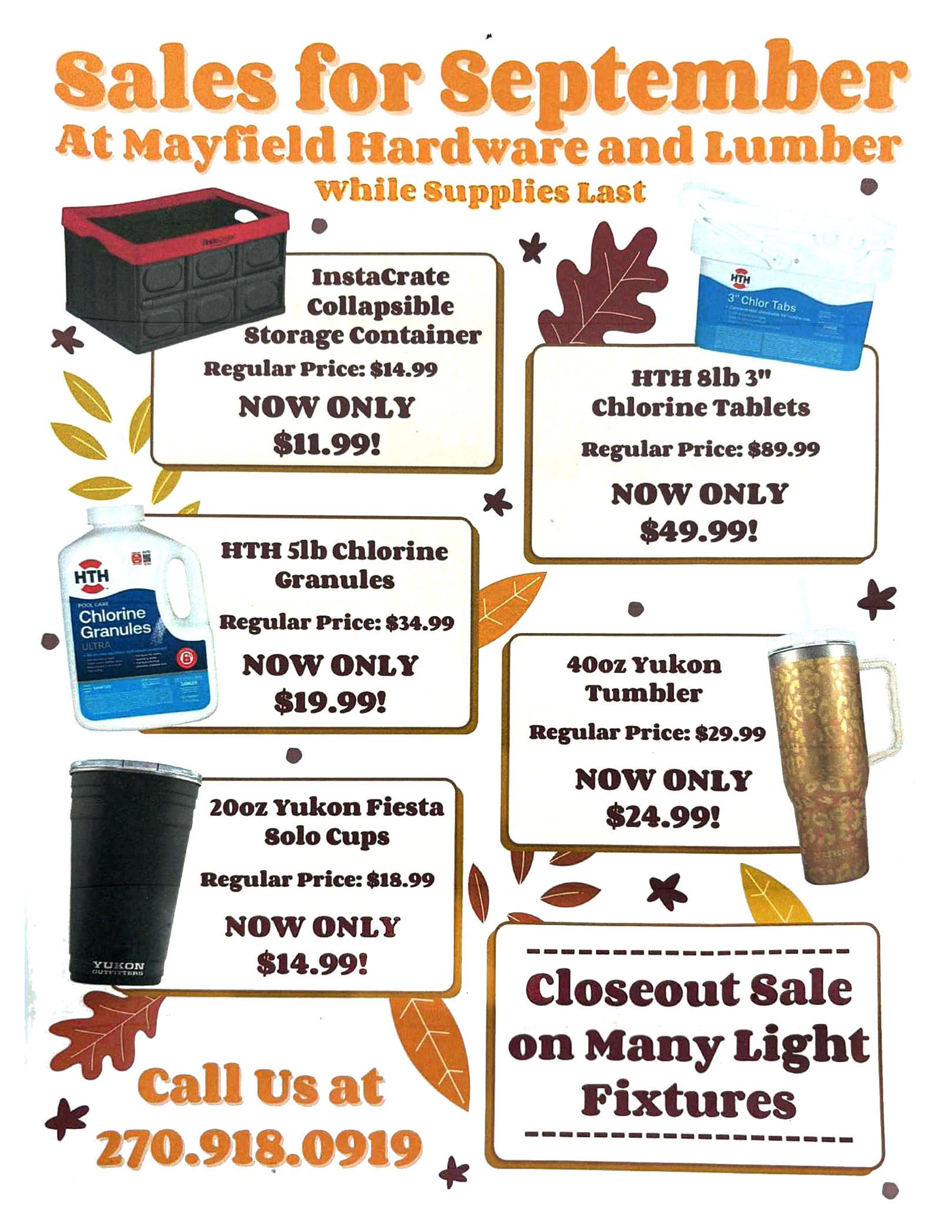 Sales flyer for Mayfield Hardware and Lumber, featuring September deals on various items.