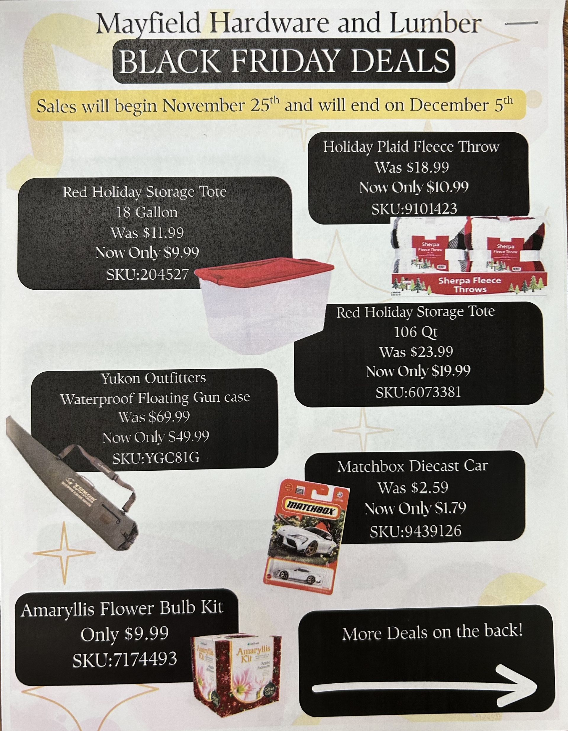 Black Friday deals flyer from Mayfield Hardware and Lumber, featuring discounted storage bins, a hand saw, and flower bulbs.