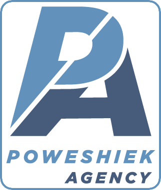 Poweshiek Agency logo with blue stylized “PA” and company name beneath