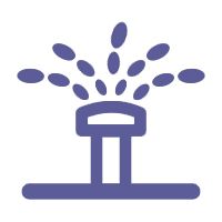 Purple sprinkler spraying water upward over a horizontal line
