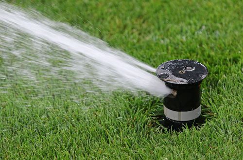 Lawn sprinkler spraying water across green grass