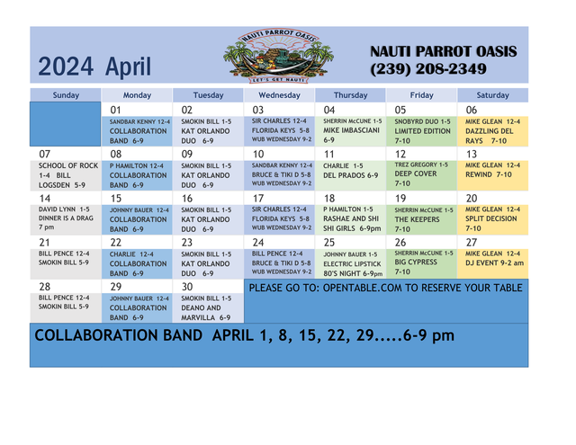 Live Entertainment Schedule | Nauti Parrot Oasis