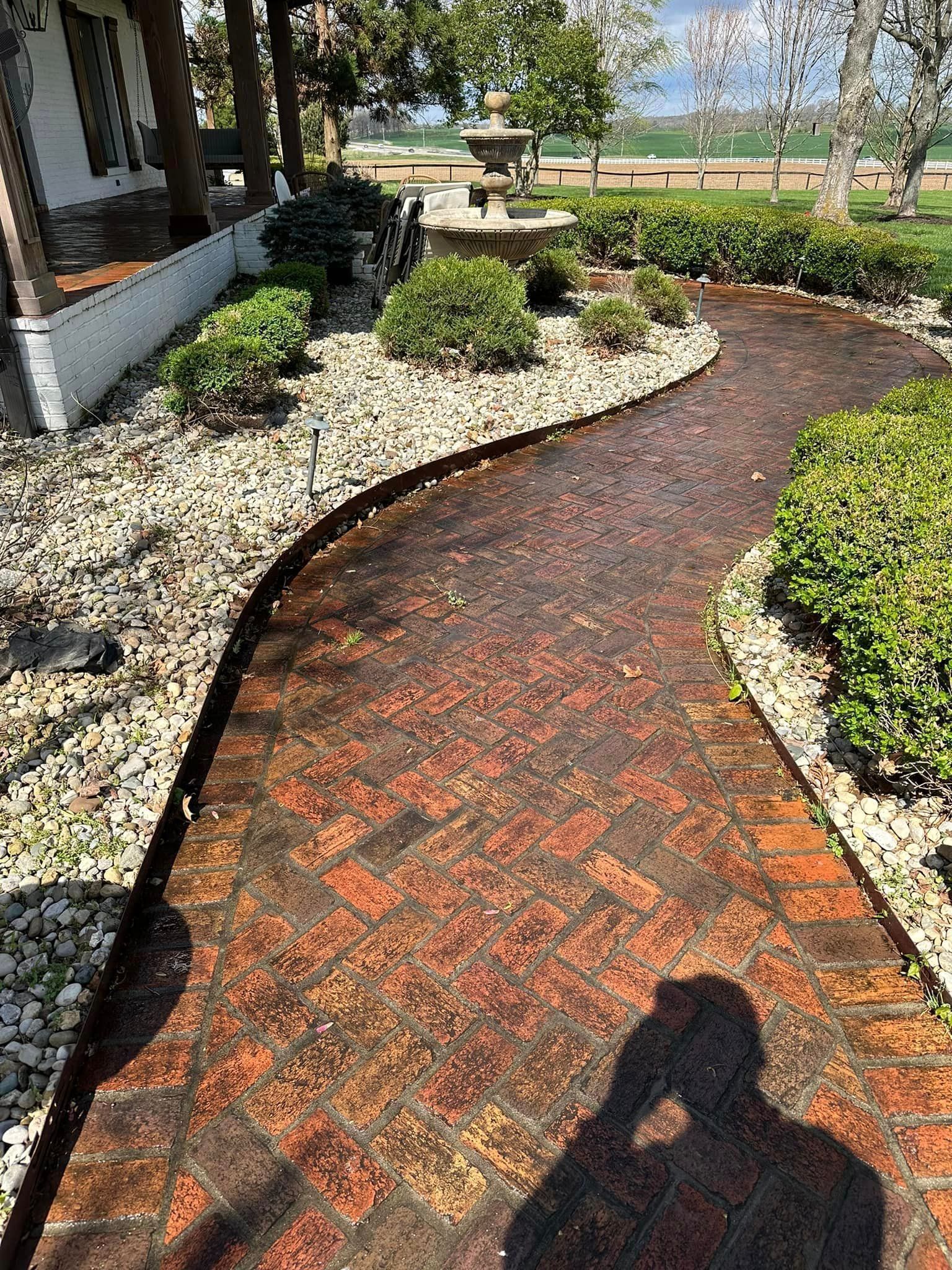 Brick pathway with dark water, flanked by bushes and white stones, in a garden.