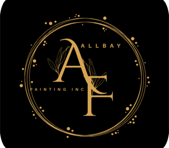 Gold “ALLBAY PAINTING INC” logo with stylized AF monogram inside a circular ring on a black background