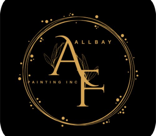 Gold “ALLBAY PAINTING INC” logo with stylized AF monogram inside a circular ring on a black background