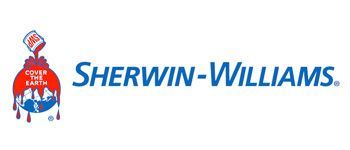 Sherwin-Williams logo with blue wordmark and paint can mascot on a white background