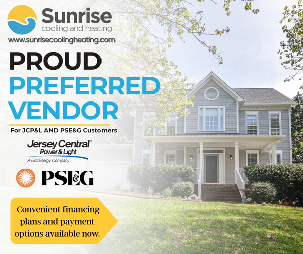 Sunrise Cooling & Heating ad for preferred vendor services with house exterior and PSE&G logo, blue and yellow text