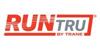 The logo for run tru by trane is red and gray.