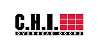 C.H.I. Overhead Doors logo with black text and red grid icon on a white background