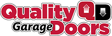 Quality Garage Doors logo in red, black, and white with stylized garage door icons