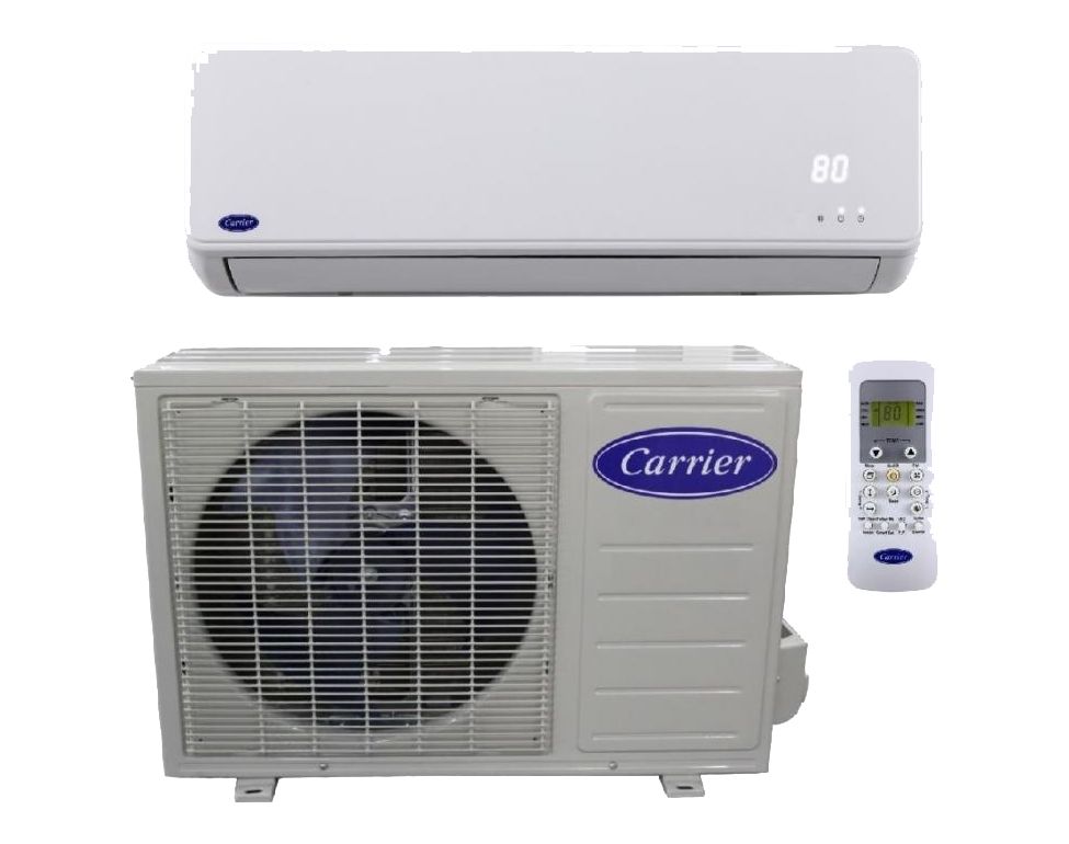 A carrier air conditioner with a remote control on a white background.