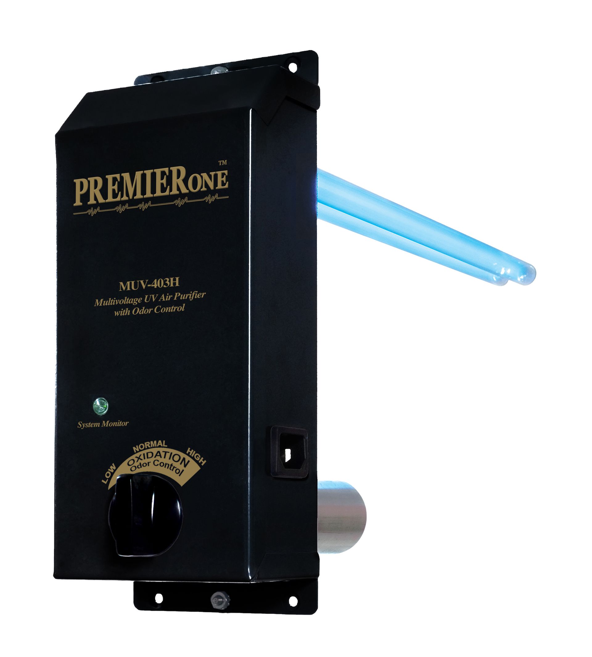 A premierone air purifier with a blue pipe coming out of it