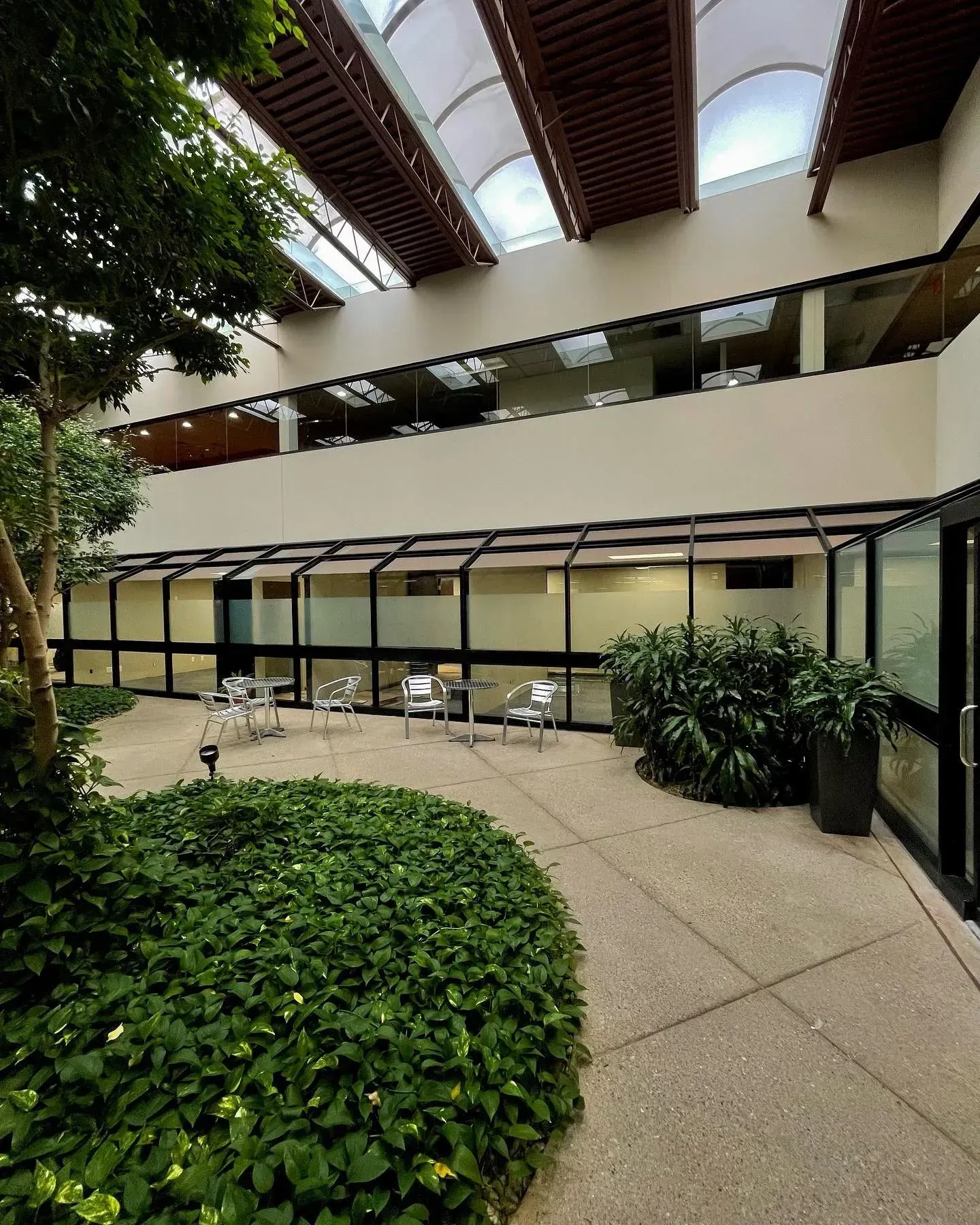 Atrium courtyard with glass canopy, beige walkway, and green shrubs in a modern building