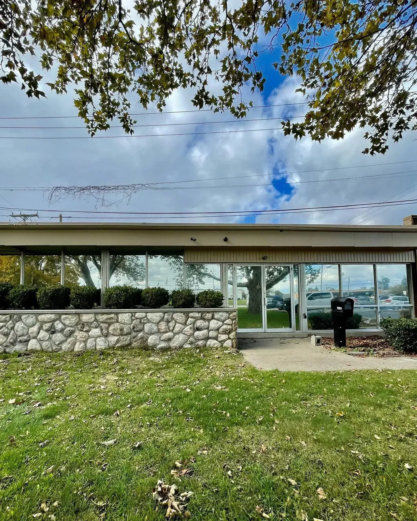 Modern house with glass wall, stone planter, and grassy yard under tree branches and cloudy sky